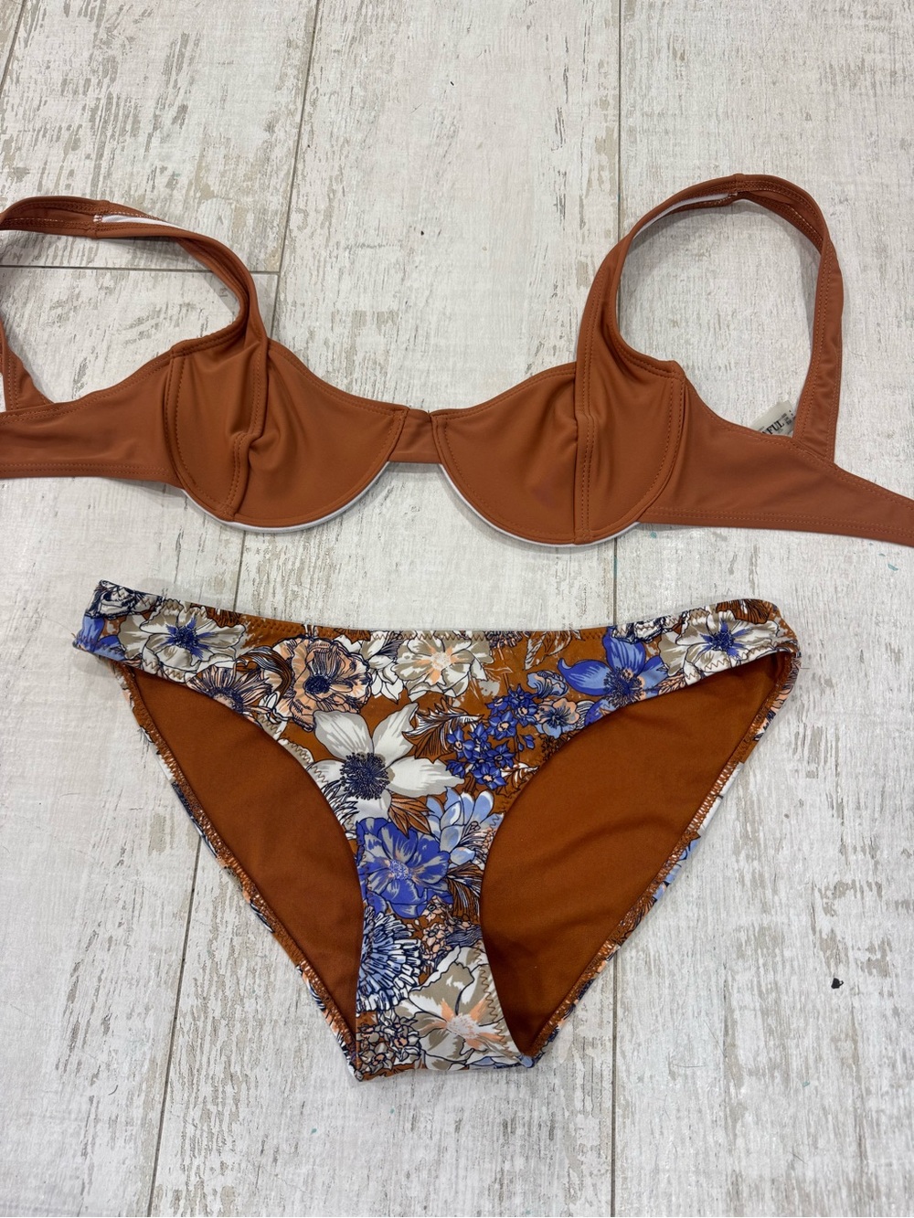 H&M Rust Floral Underwire Bikini Set with Blue Accents